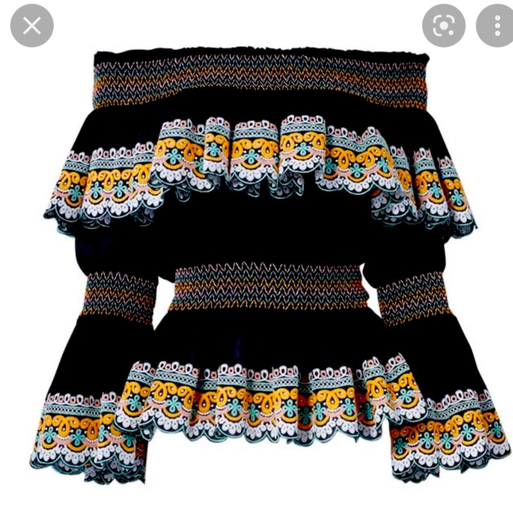 AMUR Black Off-Shoulder Top with Multicolor Embroidery